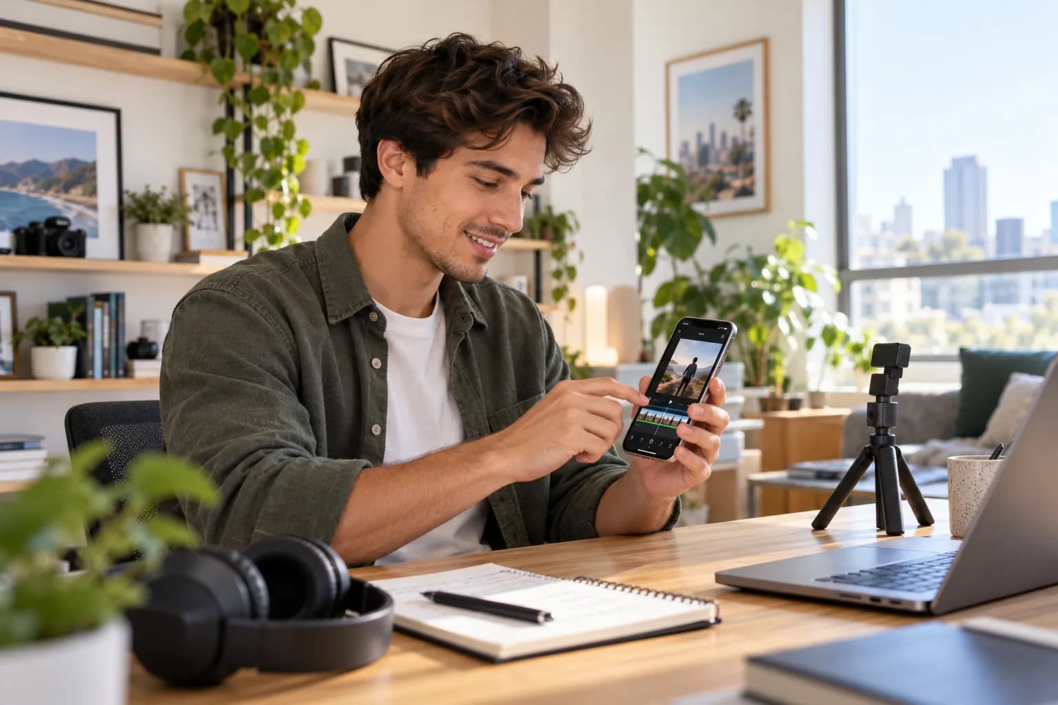 Creator editing a short video on his phone at his desk