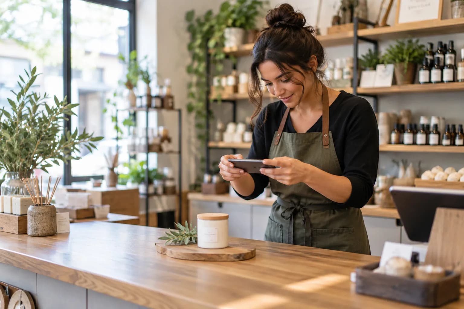 Shop owner taking a photo of a product with her phone for a social media post